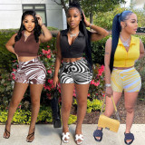 Women's Fashion Sports Zipper Tank Top Shorts Striped Print Slim Fit Two Piece