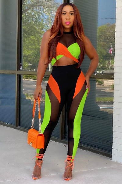 Fashion Multicolor Patchwork Mesh Two-piece Set