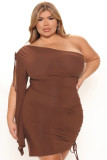 Plus Size One Shoulder Drawstring Party Dress