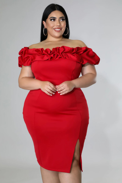 Large size fashion party party one word neck dress temperament commuter solid color dress