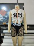 Irregular Split Letter Print Cardigan Lace Sheer Shorts Set