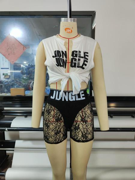 Irregular Split Letter Print Cardigan Lace Sheer Shorts Set
