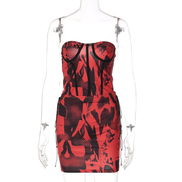Sleeveless Fashion Checkerboard Print Sexy Wrap Chest Slim Bag Hip Drawstring Short Suit