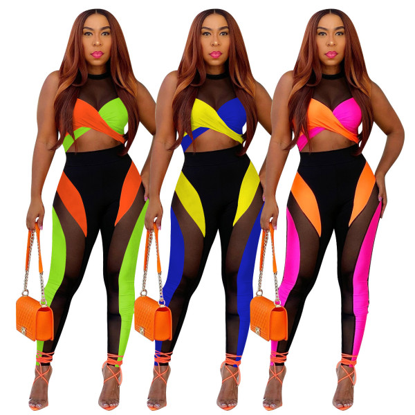 Fashion Multicolor Patchwork Mesh Two-piece Set