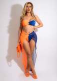 Sexy Patchwork Wrap Breast Mesh Dress Three-Piece Set