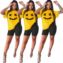 Smiley Print Short Sleeve Casual Sports Suit Smiley Print Short Sleeve Casual Sports Suit