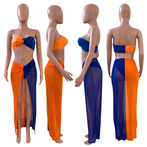 Sexy Patchwork Wrap Breast Mesh Dress Three-Piece Set