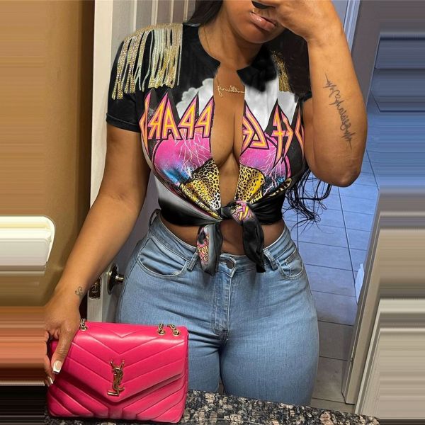 Casual Women's Street Trend Printed Tassel Slit Short Sleeve Knotted T-Shirt Top
