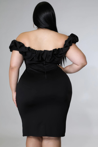 Large size fashion party party one word neck dress temperament commuter solid color dress