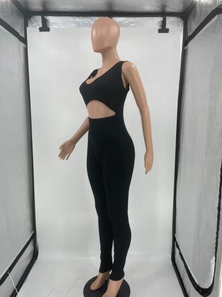Women's Sexy Solid Color Hollow Deep V Casual Jumpsuit