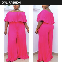 Sexy word neck mid-sleeve wrinkled wide-leg jumpsuit