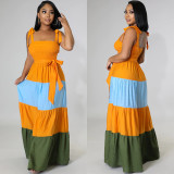 Plus Size Women's Sling Contrast Color Patchwork Tie Waist Dress