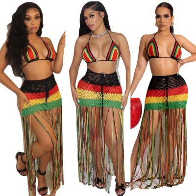 Women's Long Fringe Woven Colorblock Fringe Beach Dress