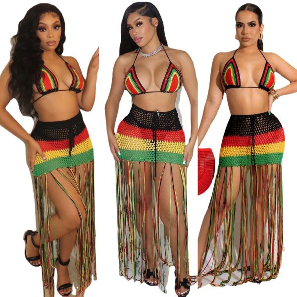 Women's Long Fringe Woven Colorblock Fringe Beach Dress
