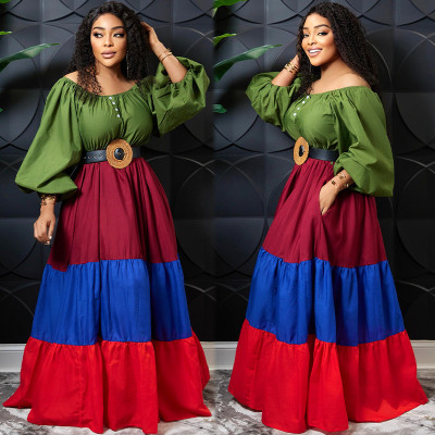 Plus size women's solid color stitching contrast color dress