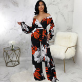 Sexy Fashion Digital Printed Long Sleeve V-Neck Women's Jumpsuit
