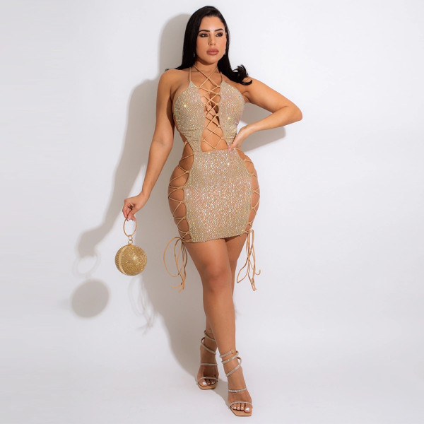 Fashion sexy leaking back straps bag hip nightclub trendy hot diamond dress