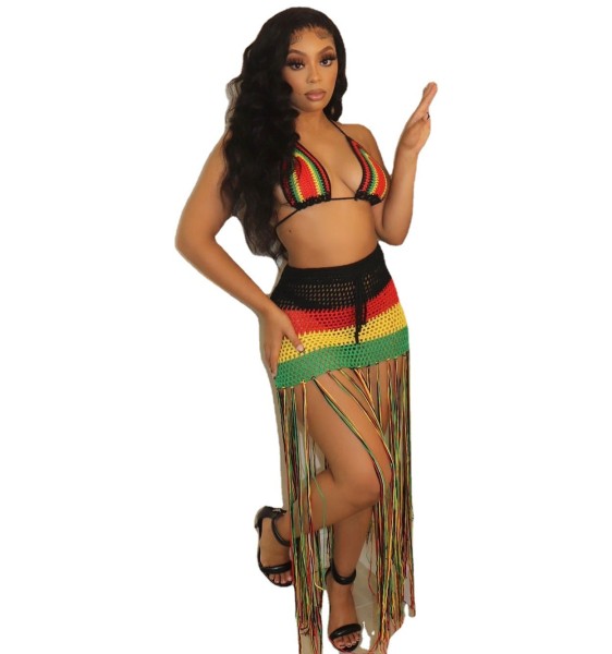 Women's Long Fringe Woven Colorblock Fringe Beach Dress