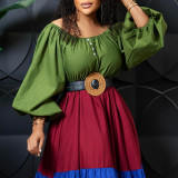 Plus size women's solid color stitching contrast color dress