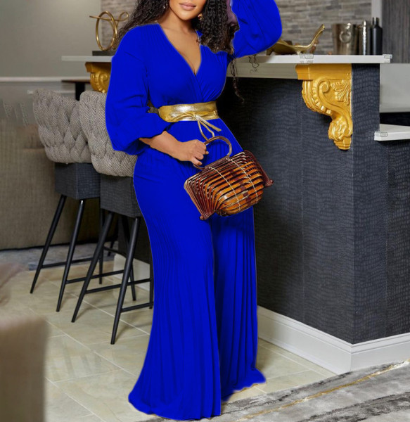 V-neck sexy lace-up pleated wide-leg jumpsuit
