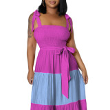 Plus Size Women's Sling Contrast Color Patchwork Tie Waist Dress