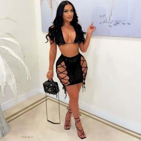 Fashion Short Tank Top Skirt Hollow Hand Hook Belt Fishnet Woven Suit Skirt