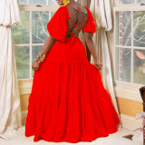Season Short Sleeve Open Back Sexy V-Neck Party Long Dress