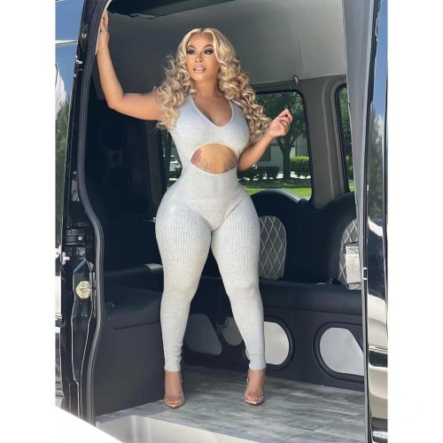 Women's Sexy Solid Color Hollow Deep V Casual Jumpsuit