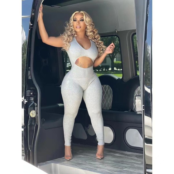 Women's Sexy Solid Color Hollow Deep V Casual Jumpsuit