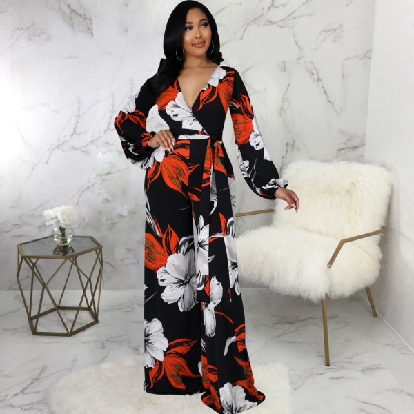 Sexy Fashion Digital Printed Long Sleeve V-Neck Women's Jumpsuit