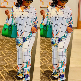 Casual Women's Two Piece Print Check Loose Suit