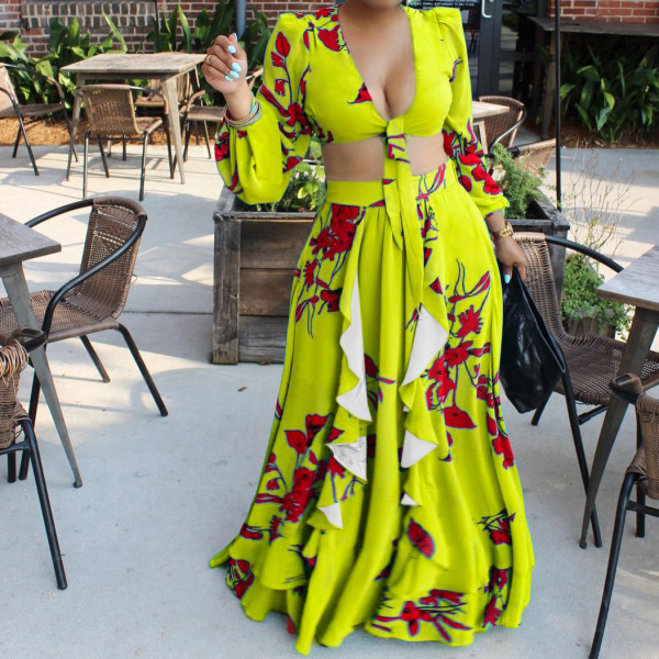 Fashion Sexy Print Lace-Up Top Skirt Two Piece Set