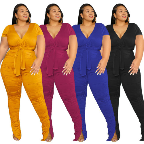 Solid Color V-Neck Belted Fashion Sexy Tight Plus Size Women's Casual Suit