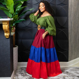 Plus size women's solid color stitching contrast color dress