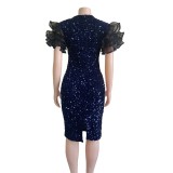 Mesh Ruffle Sleeve Sequin Pack Hip Body Dress
