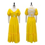 Season Short Sleeve Open Back Sexy V-Neck Party Long Dress
