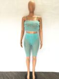 Women's Stretch Mesh Wavy Ruffle Sling Top Mesh Pants Set