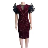 Mesh Ruffle Sleeve Sequin Pack Hip Body Dress