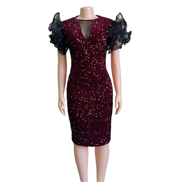 Mesh Ruffle Sleeve Sequin Pack Hip Body Dress