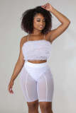 Women's Stretch Mesh Wavy Ruffle Sling Top Mesh Pants Set