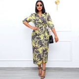 Plus Size Women's Printed Neck Waist Commuter Lapel Dress
