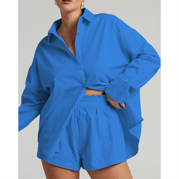 Fashion Single Breasted Shirt Long Sleeve Solid Color Casual Two Piece Set