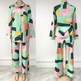 Plus Size Women's Two Piece Printed Loose Shirt Pants Set