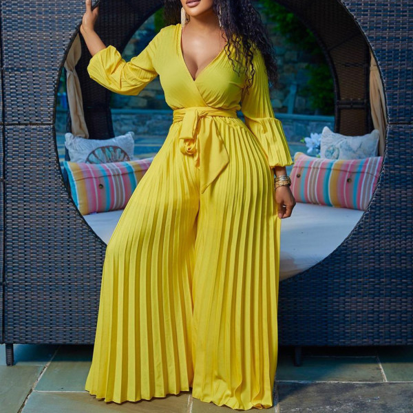 V-neck sexy lace-up pleated wide-leg jumpsuit