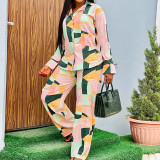 Plus Size Women's Two Piece Printed Loose Shirt Pants Set