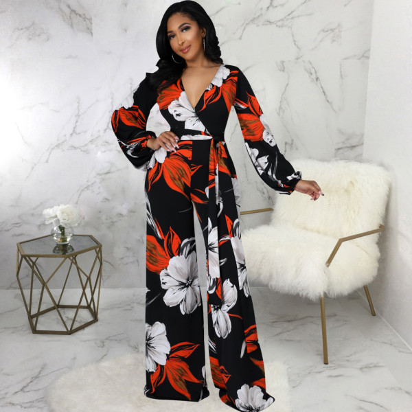 Sexy Fashion Digital Printed Long Sleeve V-Neck Women's Jumpsuit