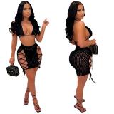 Fashion Short Tank Top Skirt Hollow Hand Hook Belt Fishnet Woven Suit Skirt