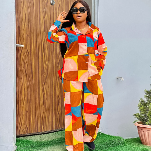 Plus Size Women's Two Piece Printed Loose Shirt Pants Set