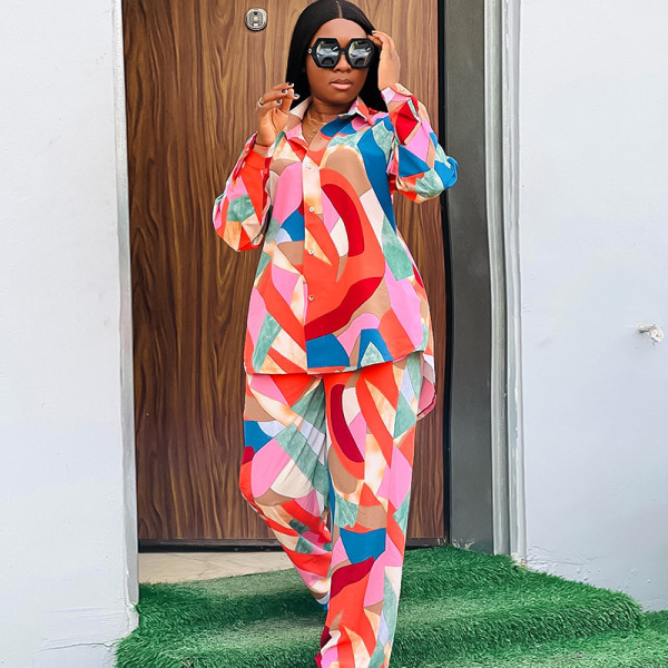 Plus Size Women's Two Piece Printed Loose Shirt Pants Set