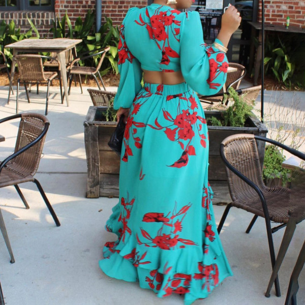 Fashion Sexy Print Lace-Up Top Skirt Two Piece Set